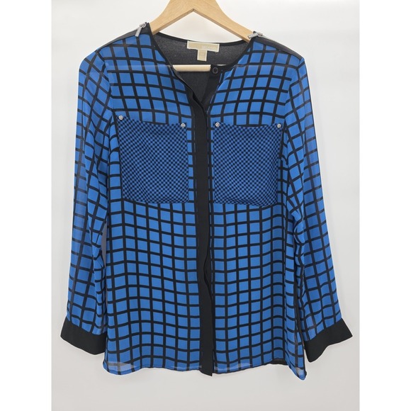 Michael Kors Tops - Michael Kors Blouse XS Blue Black Plaid Checkered Button Front Long Sleeve